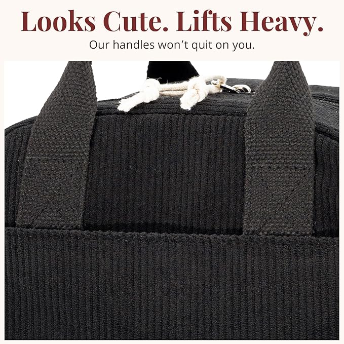 LOVELYWIND Insulated Black Lunch Bag for Men Women, Stylish Corduroy Tote with Aluminum Lining, Large Capacity Reusable Cooler for Work, Travel, Beach or Picnic, Soft Black Water-Resistant Lunch Box