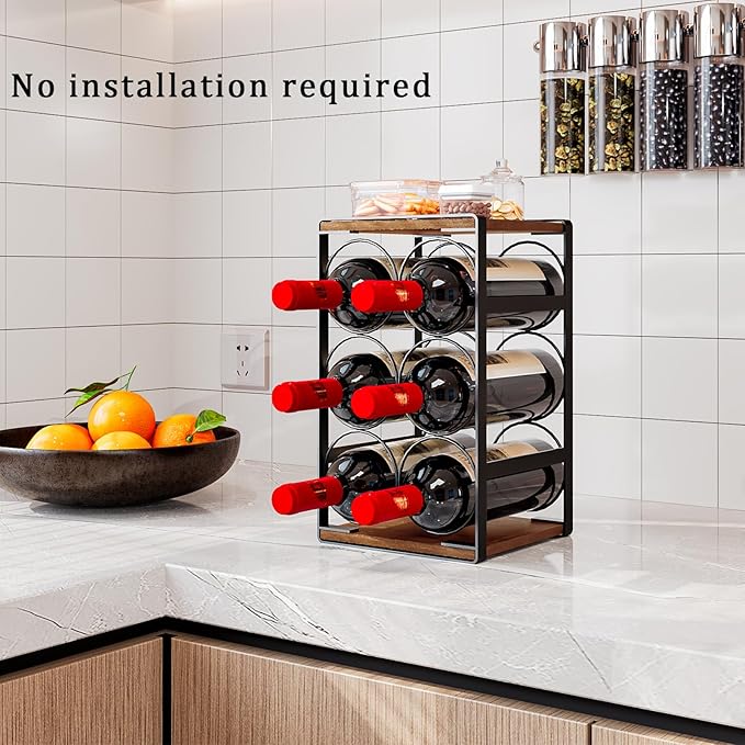 Wood Countertop Wine Rack No Need Assembly 6 Bottles Black + Rustic Brown