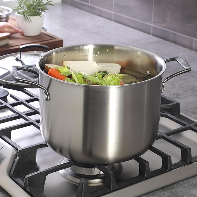 Babish 8 Quart Tri-Ply Stainless Steel Stock Pot with Glass Lid & Black Handles ??Dutch Oven, Oven Safe, Dishwasher Safe