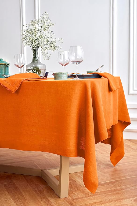 Solino Home Linen Tablecloth for Rectangle Tables 70 x 108 Inch - 100% Pure Linen Pumpkin Table Cloth - Sonoma, Machine Washable Cloth Tablecloth