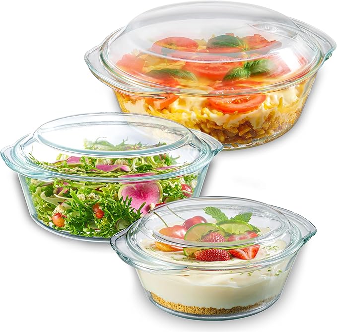 Le'raze 6-Piece Glass Tureen Dishes for Oven - Durable Borosilicate Glass Bakeware Set with Lids, Microwave Safe, Versatile Round Covered Baking Dishes. Clear Lead-Free Casserole Cookware.