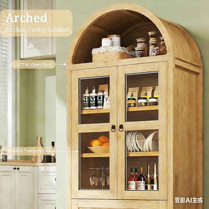 71" Tall Pantry Cabinet, Arched Cabinet, Kitchen Storage Cabinets with 2 Large Drawers & Adjustable Shelves & Glass Door for Living Room, Kitchen, Dining Room, Natrual