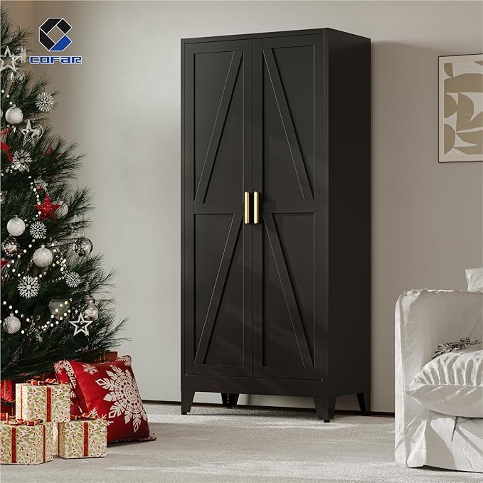 COFaR 71 in Tall Black Metal Cabinet, Metal Storage Cabinet with 4 Adjustable Shelves and Barn Doors, Farmhouse Cupboard Storage for Garage Kitchen Pantry Laundry, Black 5-Tier