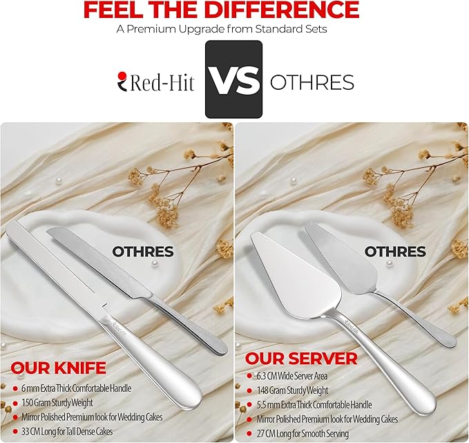 Elegant Silver Cake Knife and Server Set, Extra Thick Stainless Steel Cake Cutter and Cake Server with Bonus Forks & White Bows, Cake Cutting Set for Wedding, Birthday and Christmas Celebrations