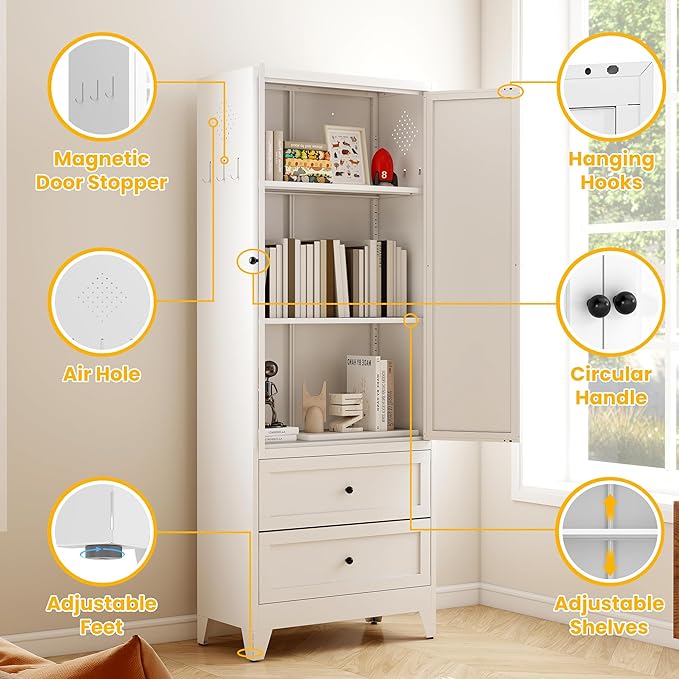 72" Metal Storage Cabinet with 2 Drawer, 2 Adjustable Shelves & Hooks, Utility Kitchen Pantry Cabinet for Home, Living Room, Pantry, Assemble Required (White)