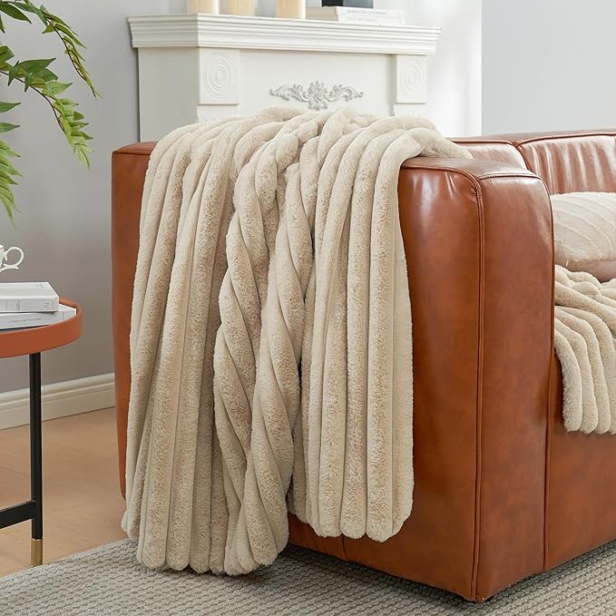Am챕lie Home Faux Fur Throw Blanket for Couch, Cozy Fuzzy Fluffy Fur Luxurious Soft Striped Plush Gift Blankets for Family Sofa Chair, 60"x80", Beige