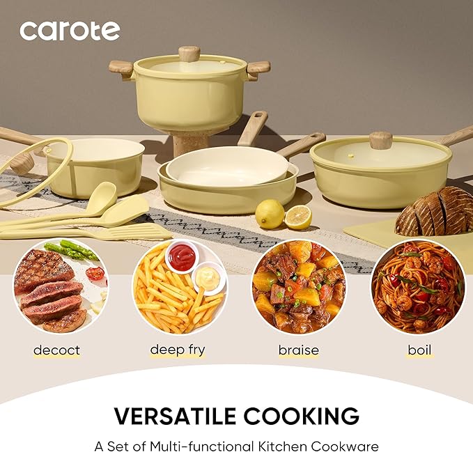 CAROTE 16pcs Ceramic Cookware Set, Pots and Pans Non Stick Kitchen Cookware Sets, Pots and Pans Set Cooking Set with Knife Set