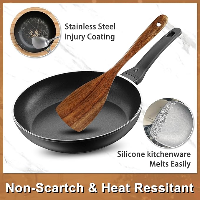 Pleafind Natural Solid Wooden Utensil Set - 10 Pcs, Non-stick Wooden Spoons for Cooking, Soft Comfort-Grip Wooden Cooking Utensils Set, Wood Kitchen Utensil Set for Non-Stick Cookware