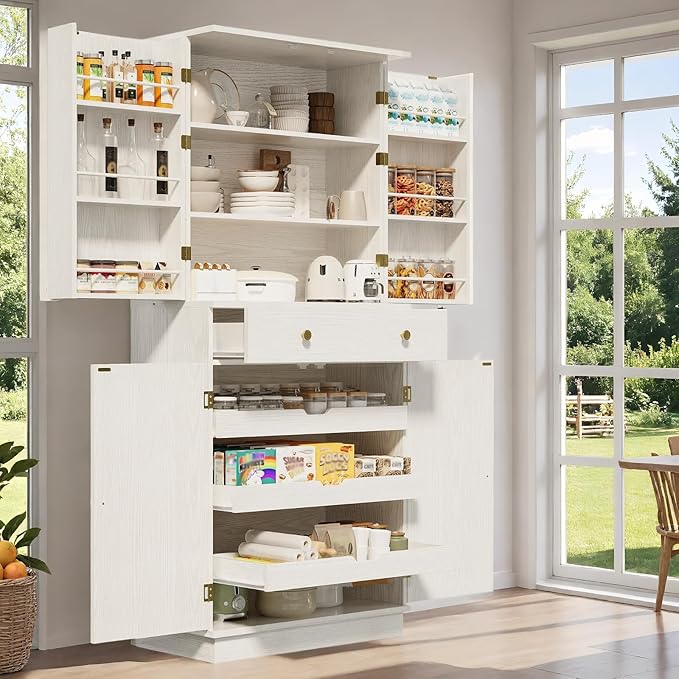IRONCK Farmhouse Kitchen Pantry Cabinet, 72" Tall Pantry Cabinets with 2 Pull Doors and Drawer Organizing Board Storage for Home Kitchen Dining Room, White