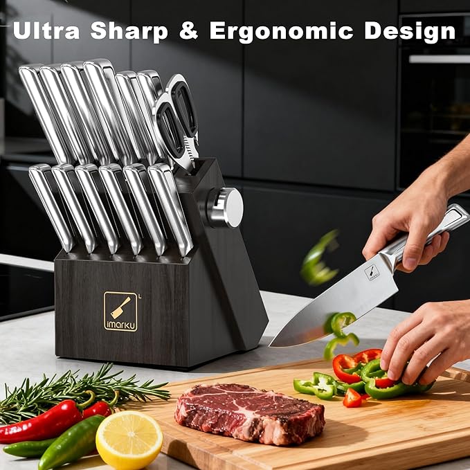 imarku Knife Kitchen Sets, Japanese Stainless Steel 14 Pcs Knife Block Set,Chef Knives with Built-in Sharpener, Dishwasher Safe, Non-Slip Ergonomic Handle,Deba Knife for Fish, Essential Home Gift