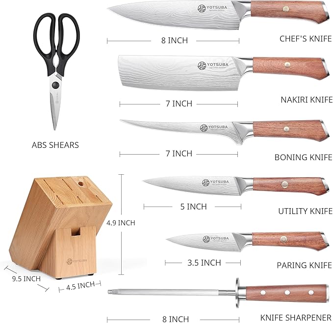 YOTSUBA Kitchen Knife Set, 8 PCS Knife Set with Block, High Carbon Stainless Steel Chef Knives Set, Sharp Knives Set for Kitchen, Japanese Knife Set with Ergonomic Rosewood Handle