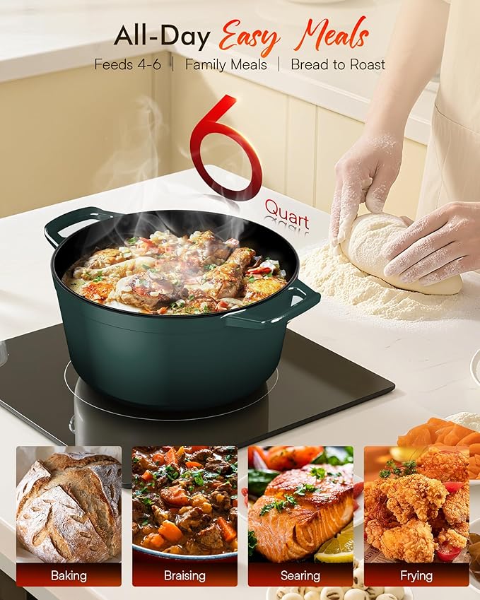 Nuwave 6QT Healthy Enameled Cast Iron Dutch Oven Pot with Lid, Heavy Duty 7-Layer Enamel, Enhanced Rust Protection, Dual Handles, Oven Safe to 500째F for Sourdough Bread Baking, Braise, Stew, Roast