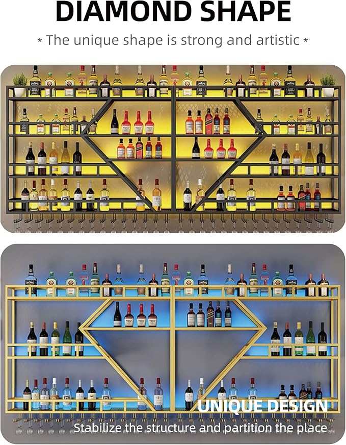 118 Inch Modern Wall Mounted Wine Rack with LED Light, Large Metal Bar Shelves for Liquor Bottles, Stylish Wall Wine Rack Storage Organizer for Dining Room & Home Bar(Black-Yellow Led, 118in)