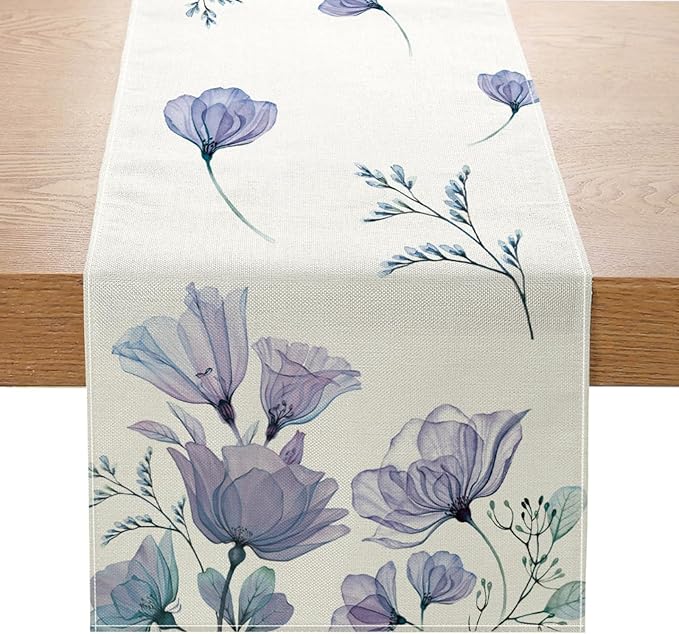ZCHOMI Poppy Floral Table Runner 13x72 Inch Purple Flower Leaves Seasonal Spring Summer Kitchen Dinning Table Decoration for Home Party Decor