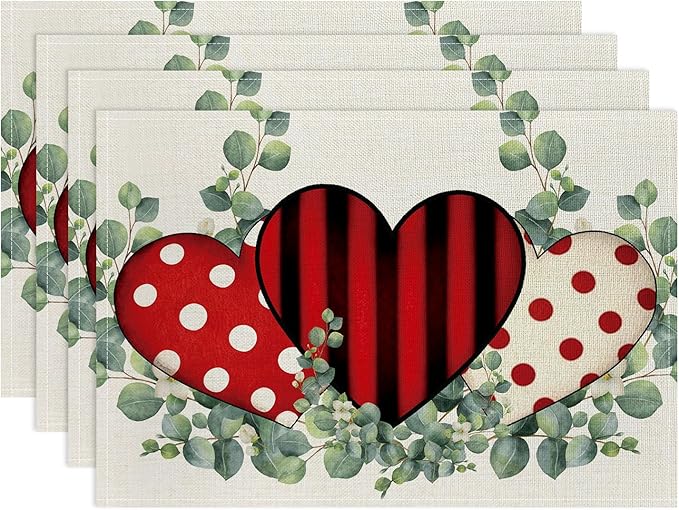 Valentine Placemats Set of 4, 12x18 Inch Eucalyptus Hearts Table Mats, Seasonal Anniversary Holiday Valentines Day Table Decorations for Kitchen Dining Home Party Decor