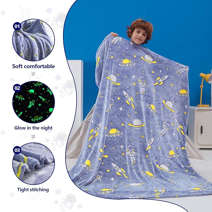 QSTEHEML Space Glow in The Dark Blanket,Galaxy Gifts Toys for Kids Boys Age 3-12 Years Old,Birthday, Decor for Child, Toddler, Teen and Grandkids Soft Throw 50"횞60"