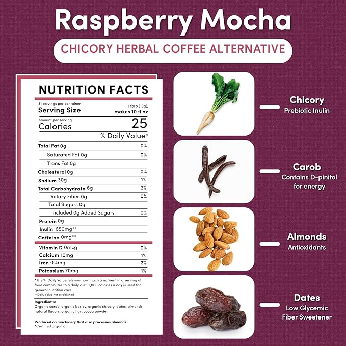 Teeccino Raspberry Mocha Chicory Coffee Alternative - Ground Herbal Coffee That?™s Prebiotic, Caffeine Free & Acid Free, Dark Roast, 11 Ounce