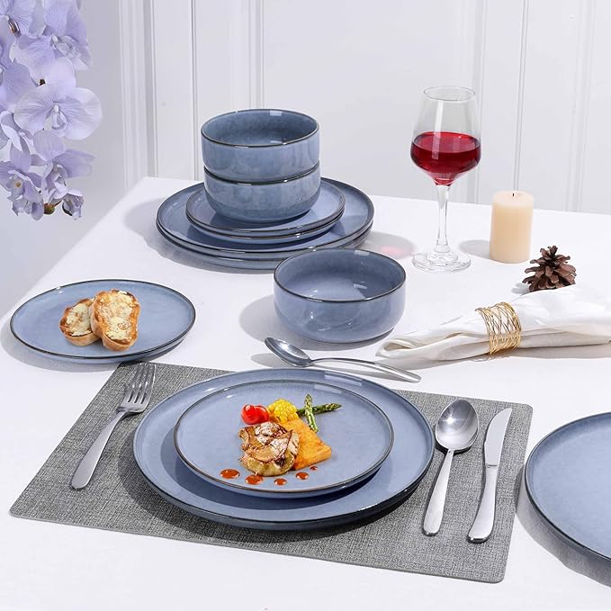 Herogo 24-Piece Stoneware Dinnerware Sets for 8, Stackable Dinner Plates and Bowls Sets, Double Reactive Glaze Dishware Place Setting for Kitchen, Scratch Resistant, Microwave Safe, Haze Blue