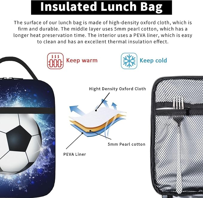 YIJIUWKIS Sports Lunch Box with Soccer Pattern Print, Blue Insulated Lunch Bag for Kids Teens Boys Girls, Reusable Lunch Bag Ice Packs Containers Tote Handbag with Water Bottle Holder and Handle