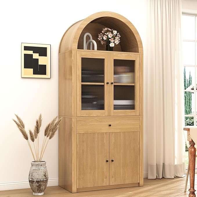 Hadulcet 71" Tall Arched Kitchen Pantry Cabinet, Farmhouse Kitchen Storage Cabinet with Drawers & 4 Doors, Adjustable Shelves, Acrylic Fluted Panel, Wood Cupboard Buffet Organizer, Light Wood