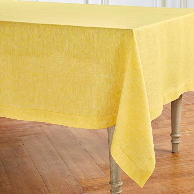 Solino Home Linen Tablecloth 60 x 108 Inch - 100% Pure Linen Chambray Lemon Yellow Table Cloth for Rectangular Tables - Athena, Machine Washable Cloth Tablecloth for Spring, Easter