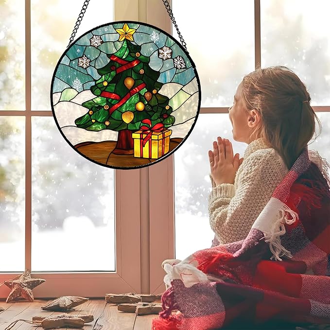 Stained Glass Window Hanging Green Christmas Tree Snowflake 9.8" - Suncatcher Door Garden Sun Catcher Xmas Holiday Decor Birthday for Mom Men Woman Friend Nana