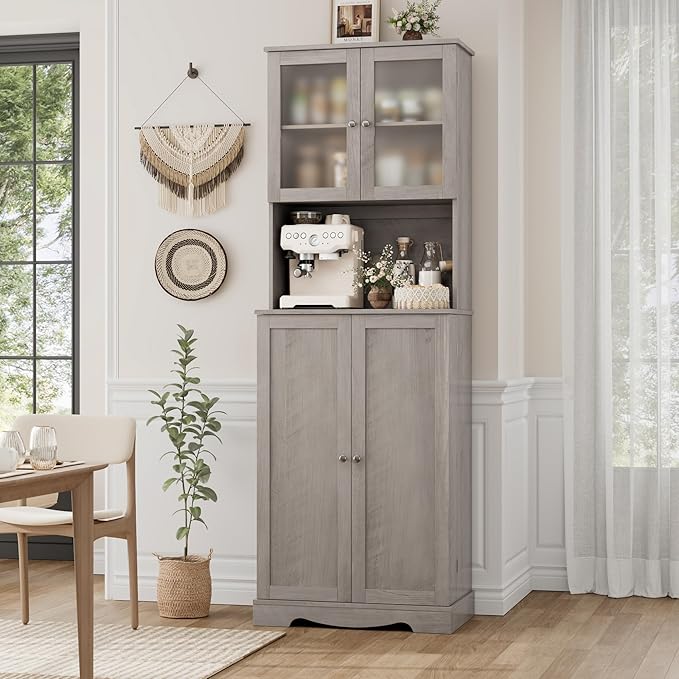 HOSTACK 71'' Pantry Cabinet, Tall Storage Cabinet with Microwave Stand, Freestanding Kitchen Hutch with Doors and Adjustable Shelves, Mordern Food Pantry for Kitchen, Dining Room, Ash Grey