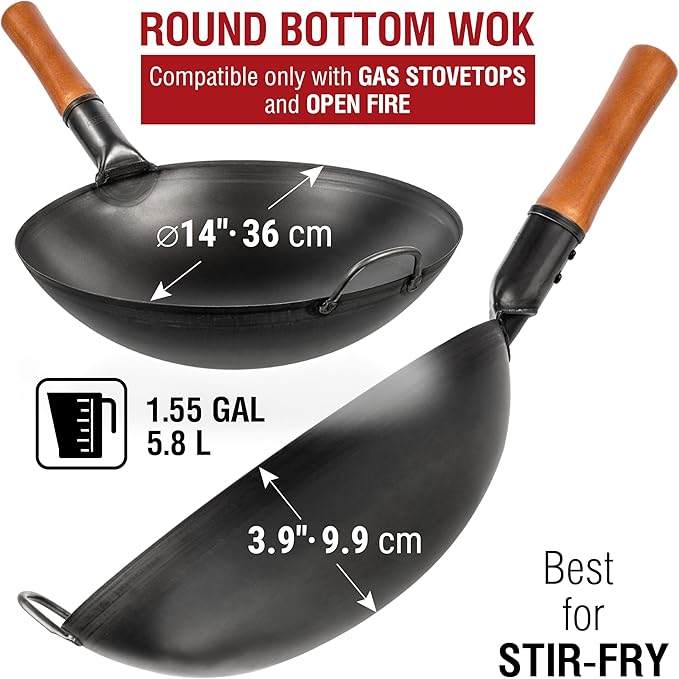 YOSUKATA 14" Carbon Steel Wok Pan Set - Pre-Seasoned, 17" Wok Spatula & Ladle - Heat-Resistant, Dishwasher Safe