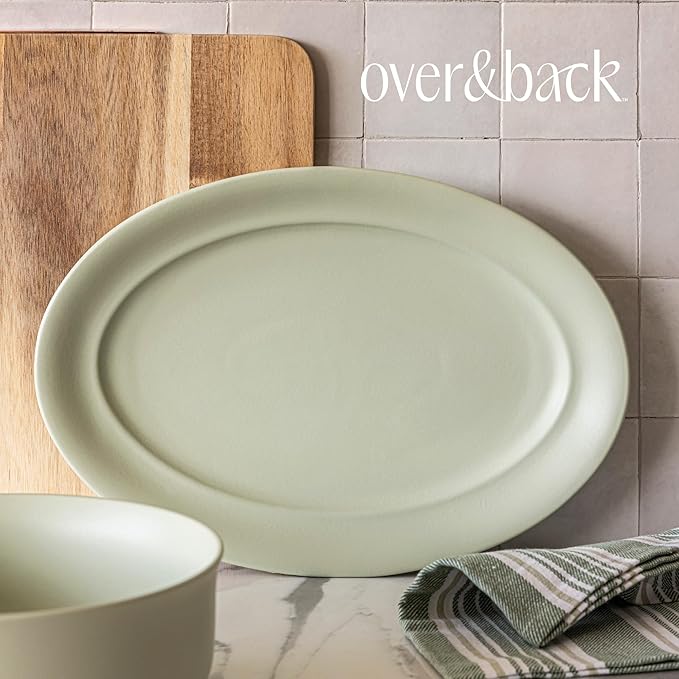 over&back Rim Stoneware Serving Platter - Elegant 1-Piece Oval Serving Platter to Complete Your Kitchen Set - 16" L x 10.8" W Semi-Matte Sage