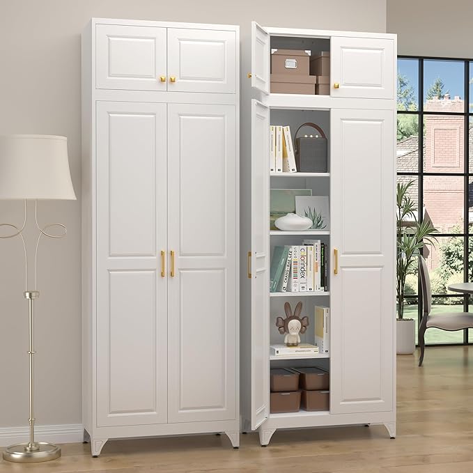 Steeloong90??Kitchen Pantry Cabinet,Metal Storage Cabinets with Doors and 4 Adjustable Shelves,White Kitchen Cabinet with 2 Gold Handles,Tall Cabinet for Livingroom,Pantry, Bathroom