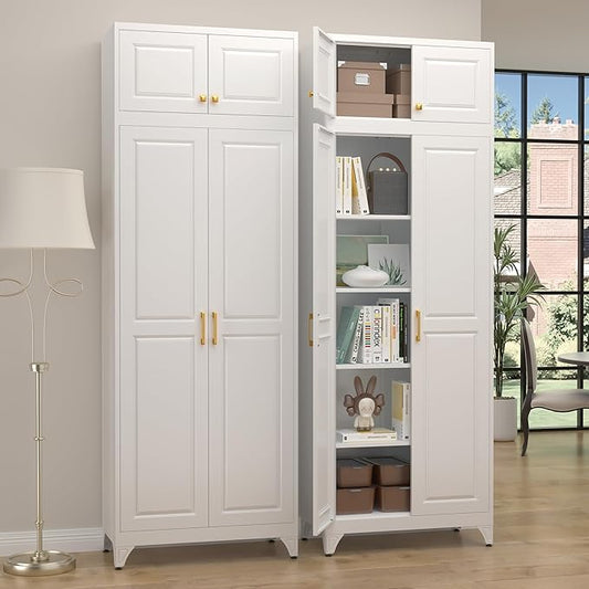 Steeloong90??Kitchen Pantry Cabinet,Metal Storage Cabinets with Doors and 4 Adjustable Shelves,White Kitchen Cabinet with 2 Gold Handles,Tall Cabinet for Livingroom,Pantry, Bathroom