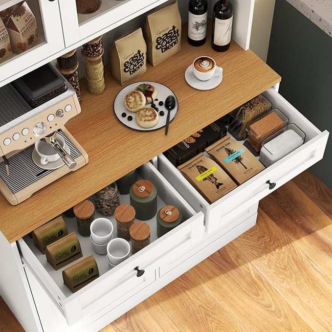 Tall Pantry Cabinet, Modern Kitchen Hutch with Microwave Stand, Kitchen Pantry Storage Cabinet with 2 Darwers & Door Shelf, Food Pantry with Glass Doors & Adjustable Shelves for Dining Room, White