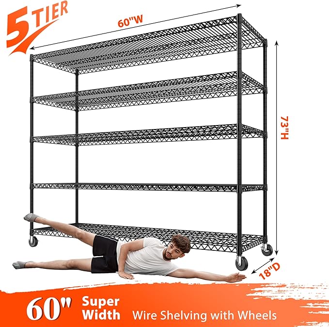 3200LBS Storage Shelves Wire Shelving with Wheels,Adjustable Garage Shelving Heavy Duty Steel Metal Shelving Unit Shelf Rack for Warehouses,Garage,Kitchen,School,Commercial,73" H X 60?쓂 X 18" D