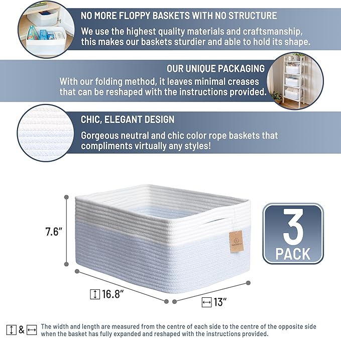 NaturalCozy Storage Baskets 16.8?쓝13?쓝7.6??Cotton Rope Woven Baskets for Organizing 3-Pack | Toy Storage Bins | Basket for Shelves, Laundry, Blanket, Clothes, Closet, Kitchen, Bathroom, Gifts