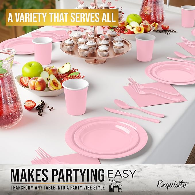 Exquisite 350 Pcs Pink Paper Plates For Party, Pink Disposable Plates Set, 50 Of Each 9" Dinner Plate Set, 7" Dessert Plate, Cups, Napkins & Cutlery Paper Dinnerware