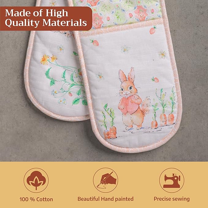 Maison d' Hermine Double Oven Mitts 100% Cotton 7"x35" Double Oven Mitt Heat Resistant BBQ Cooking Gloves with Loop, Baking, Grilling, Home, Kitchen, Handling Hot Pans Spring Summer (Bunny Party)