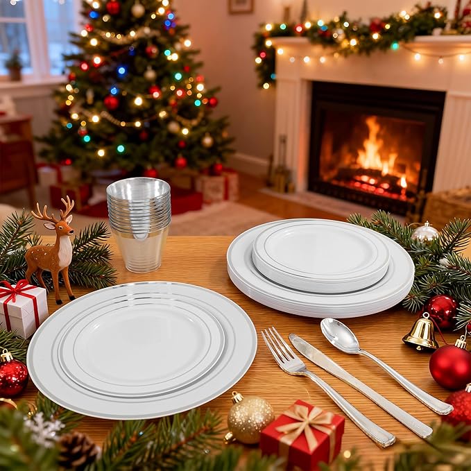 I00000 350Pcs Silver Plastic Dinnerware Set, Plastic Plates Disposable for 50 Guests Include: 100 Silver Rim Plates, 50 Paper Napkins, 50 Cups, 50 Plastic Silverware Set Perfect for Party & Wedding