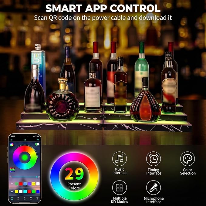 Lighted Liquor Bottle Display Shelf 2-Pack, RGB 3-Tier Bar Shelf with Music Sync, Black Marble-Look Finish on Wood, Remote & App Control, USB Powered for Home Bar & Party