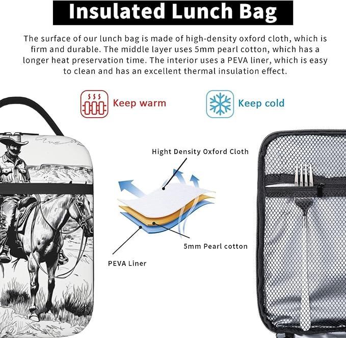 VANZEV Insulated Lunch Box for Women Men, Cowboy Theme Lunch Box Reusable Portable Lunch Bag Cooler Tote Waterproof Lunch Container for Office Picnic Work Travel Hiking