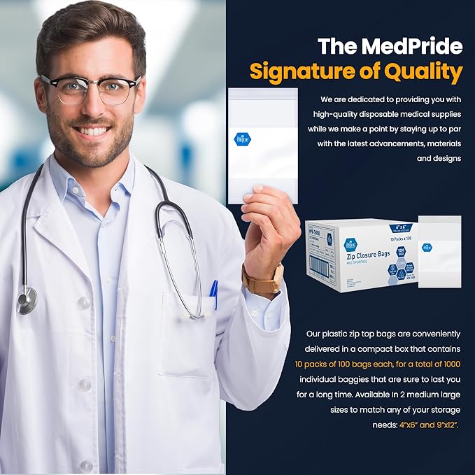 MED PRIDE Reusable Clear Zip Closure Bags [Bulk Pack of 1000] Strong Plastic Storage Bags With Zipper| Medical Zip Bags With Writing Block For Labeling| Medium Size (10'' x 13'')