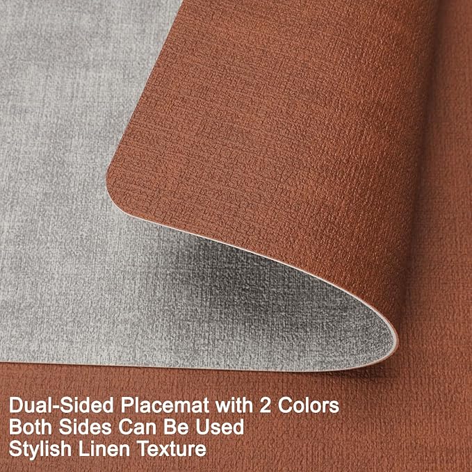 Myir JUN Reversible Vinyl Placemats Set of 8, Faux Leather Place Mats Dual Sided Waterproof Wipeable, Heat-Resistant Table Mats for Kitchen Dining Indoor Outdoor (12" x 17", Light Gray Reddish Brown)