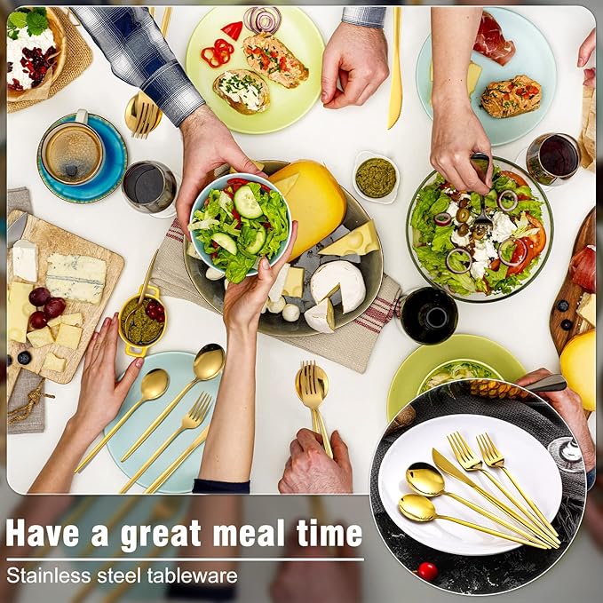 Meanplan 200 Pcs Gold Silverware Set Stainless Steel Flatware Set Cutlery with Knives Spoons and Forks Portable Reusable Gold Utensils Kit for Home Restaurant Apartment and Kitchen, Service for 40