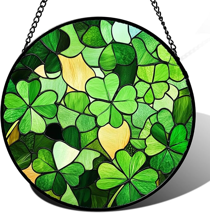 Stained Glass Window Hanging Lucky Clover 9.8" - Suncatcher Door Garden Sun Catcher Ireland Green Decor Birthday Mother's St. Ripack's Day Gift for Woman Mom Men Friend Nana Wife