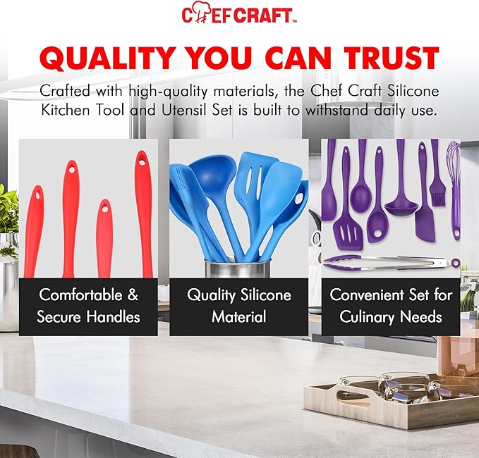 Chef Craft - Premium Silicone Kitchen Tools and Utensils Set, Non-Scratch, Withstands Temperatures up to 450째F, BPA-Free, 9 Piece Cooking Utensils Set, Gray