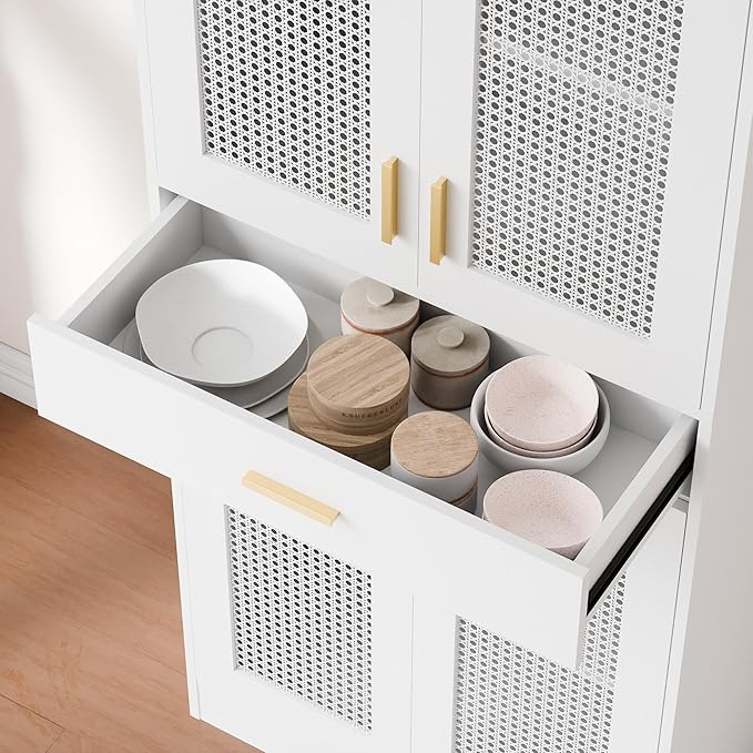 Cozy Castle Kitchen Pantry Cabinet, 71" Tall Rattan Doors Storage Cabinet with Large Drawer and Adjustable Shelves, Freestanding Rattan Pantry Cabinets for Kitchen, Dining Room, Living Room, White