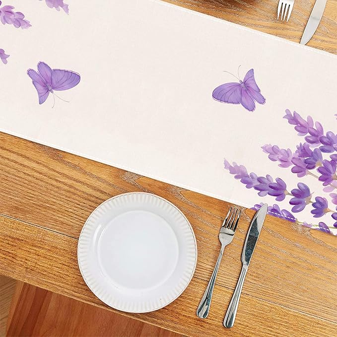 ZCHOMI Spring Purple Lavender Table Runner 13x72 Inch Hello Spring Butterfly Kitchen Dinning Table Decoration for Indoor Outdoor Home Party D챕cor