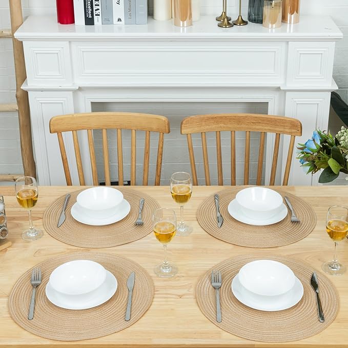 Winknowl Round Braided Placemats Set of 6 Washable Woven Heat Resistant Table Mats for Kitchen Dining Tables 15 inch Round Place Mats (Beige,6)