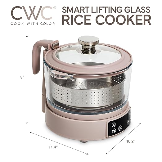 COOK WITH COLOR 3L Glass Mini Low Carb Rice Cooker ??Holds 2 Cups Raw/Makes 6 Cups Cooked with Auto Lift Filter Basket, Hotpot & Steamer for Rice, Grains, Digital Panel with Keep Warm, Goat/Mink