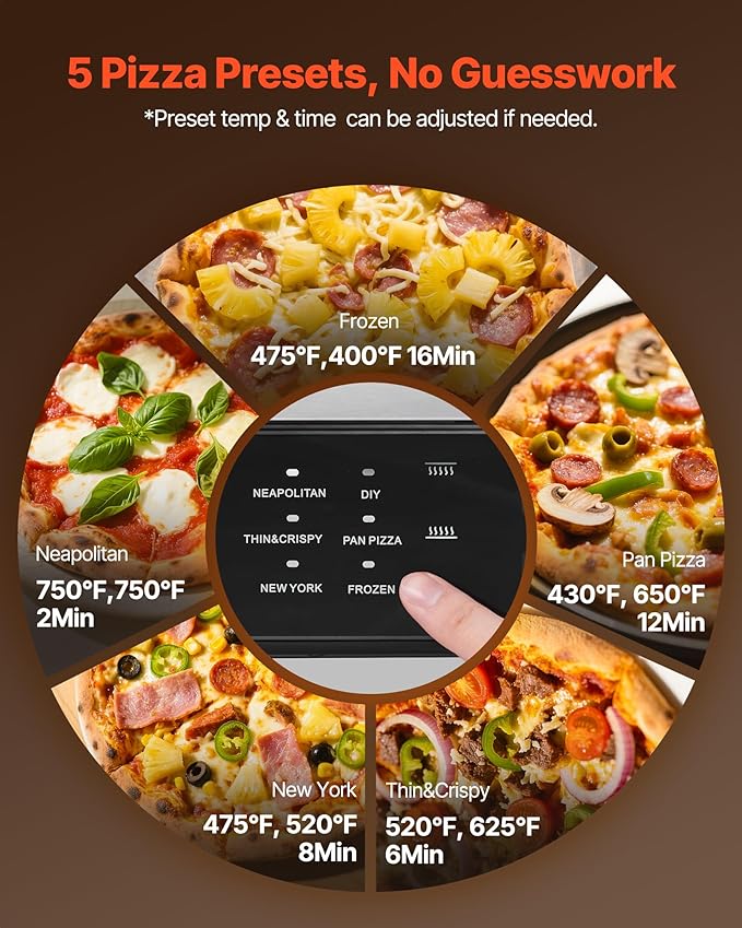 VEVOR Electric Pizza Oven, Smart Pizzas Maker Indoor with 5 Preset, 12-Inch Countertop Pizza Cooker w/Touch Srceen, 750??Max Temp, 2-Min Rapid Baking Oven Thin & Crispy, Neapolitan, Frozen, New York