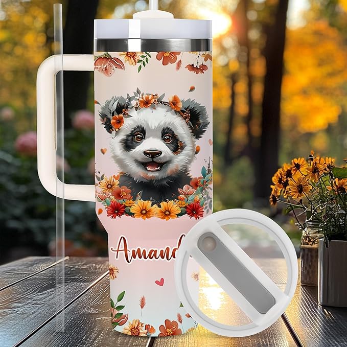 AGGLOMEKC Personalized Cute Panda Cup - Mother's Day Birthday Gift For Animal Lovers - Just A Girl Who Loves Panda Tumbler 40oz With Custom Name - Pet Lover Gifts For Women, Her